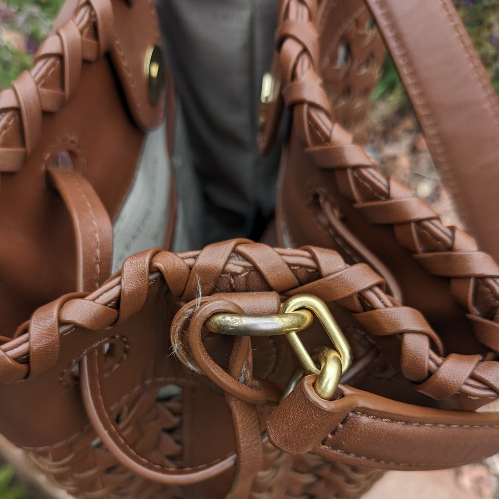 Lauren Ralph Lauren Woven Leather Bucket Bag Field Brown Diana Portwood Tote - Picture 15 of 16